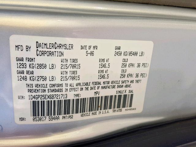 1D4GP25EX6B721713 - 2006 DODGE CARAVAN SE SILVER photo 10