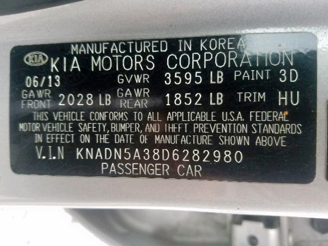 KNADN5A38D6282980 - 2013 KIA RIO EX SILVER photo 10