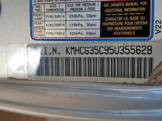 KMHCG35C95U355628 - 2005 HYUNDAI ACCENT GS SILVER photo 10