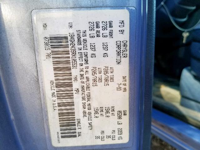 1B4GH2435RX105531 - 1994 DODGE GRAND CARA BLUE photo 10