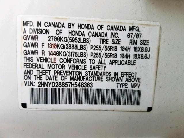 2HNYD28857H548363 - 2007 ACURA MDX SPORT WHITE photo 10