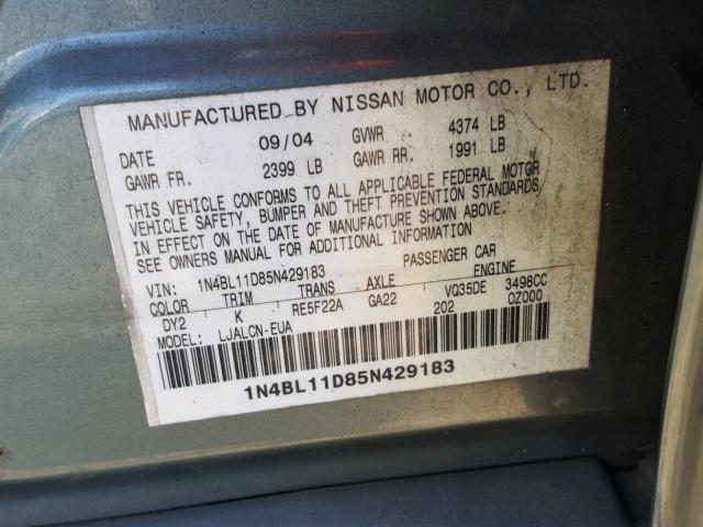 1N4BL11D85N429183 - 2005 NISSAN ALTIMA SE GREEN photo 10