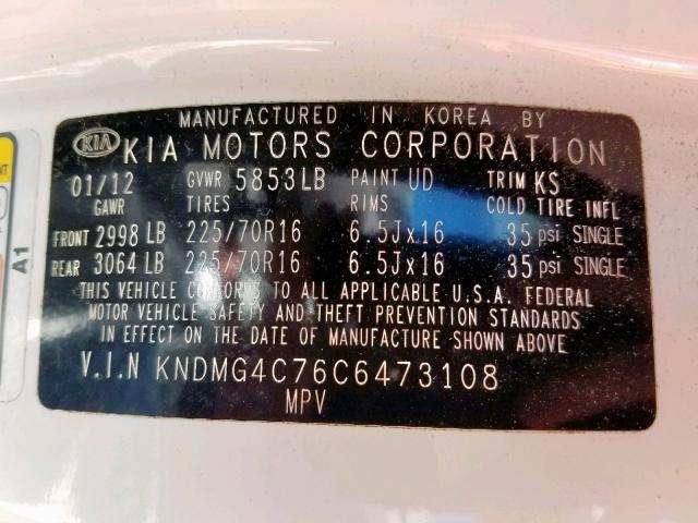 KNDMG4C76C6473108 - 2012 KIA SEDONA LX WHITE photo 10