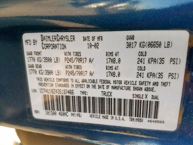 1D7HU18Z43S187466 - 2003 DODGE RAM 1500 S BLUE photo 10