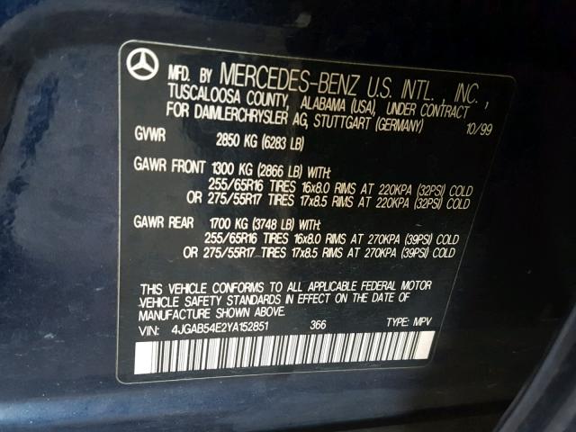 4JGAB54E2YA152851 - 2000 MERCEDES-BENZ ML 320 BLUE photo 10