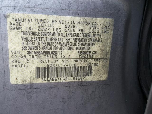 3N1AB6AP6BL628117 - 2011 NISSAN SENTRA 2.0 GRAY photo 10