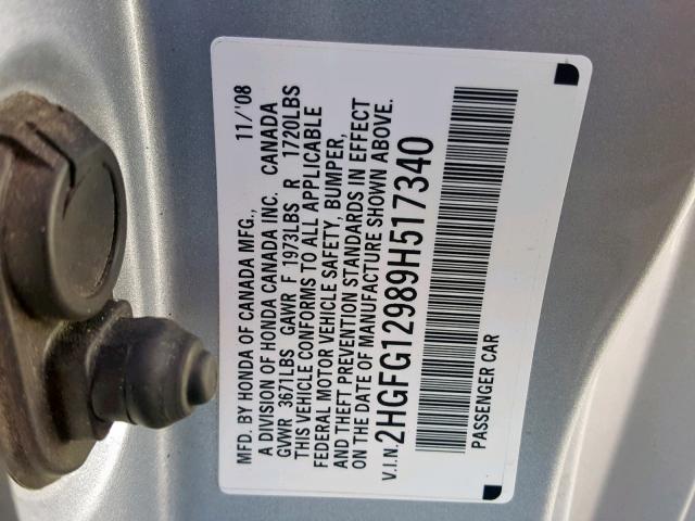 2HGFG12989H517340 - 2009 HONDA CIVIC EXL 银色 照片 10