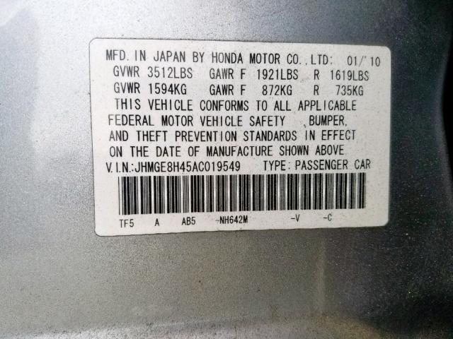 JHMGE8H45AC019549 - 2010 HONDA FIT SPORT SILVER photo 10