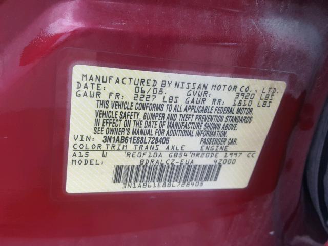 3N1AB61E88L728405 - 2008 NISSAN SENTRA 2.0 RED photo 10