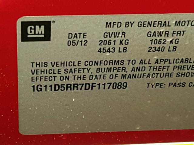 1G11D5RR7DF117089 - 2013 CHEVROLET MALIBU 1LT RED photo 10