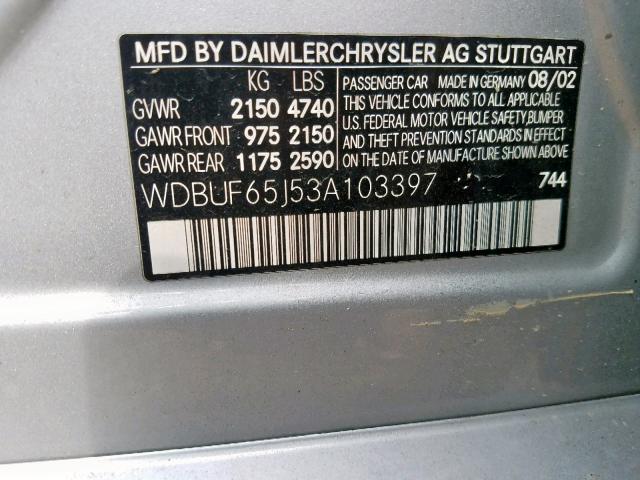 WDBUF65J53A103397 - 2003 MERCEDES-BENZ E 320 SILVER photo 10