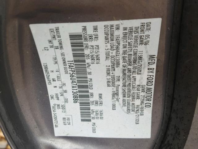 1FAFP56U47A130886 - 2007 FORD TAURUS SEL GRAY photo 10