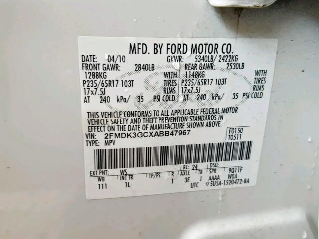 2FMDK3GCXABB47967 - 2010 FORD EDGE SE WHITE photo 10