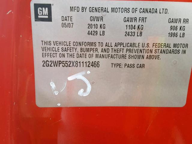 2G2WP552X81112466 - 2008 PONTIAC GRAND PRIX RED photo 10