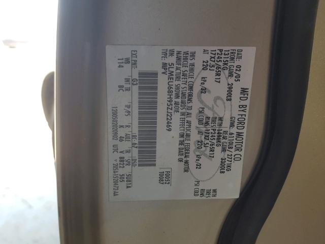 5LMEU68H95ZJ22469 - 2005 LINCOLN AVIATOR 金色 照片 10