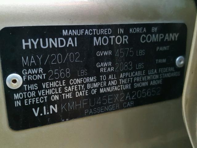 KMHFU45EX2A205652 - 2002 HYUNDAI XG 350 GOLD photo 10