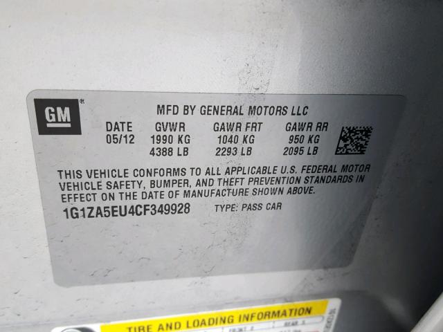 1G1ZA5EU4CF349928 - 2012 CHEVROLET MALIBU LS 银色 照片 10