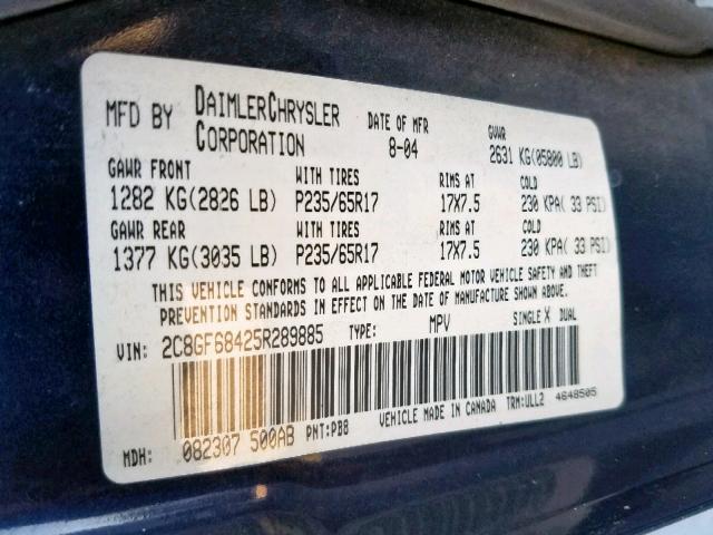 2C8GF68425R289885 - 2005 CHRYSLER PACIFICA T BLUE photo 10