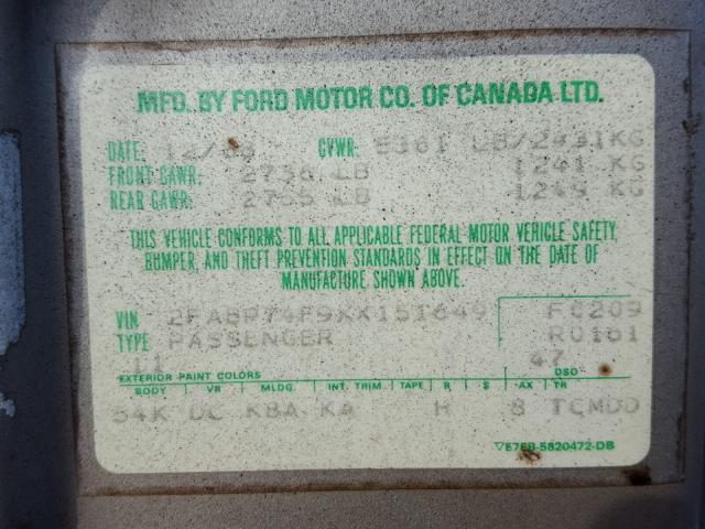 2FABP74F9KX151649 - 1989 FORD CROWN VICT GREEN photo 10