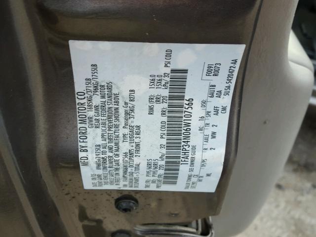 1FAHP34N06W107566 - 2006 FORD FOCUS ZX4 GRAY photo 10