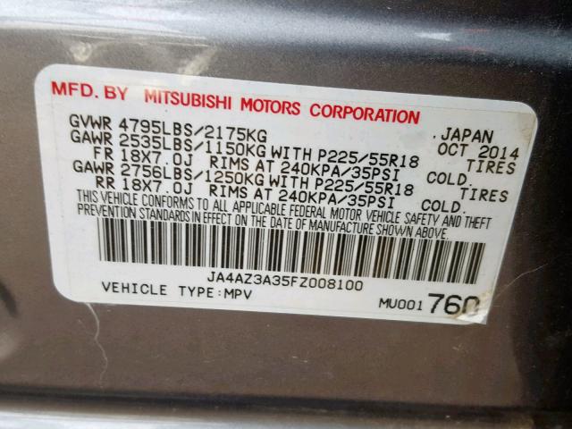 JA4AZ3A35FZ008100 - 2015 MITSUBISHI OUTLANDER GRAY photo 10