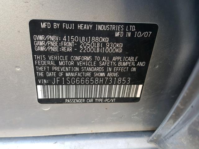 JF1SG66658H731853 - 2008 SUBARU FORESTER S SILVER photo 10