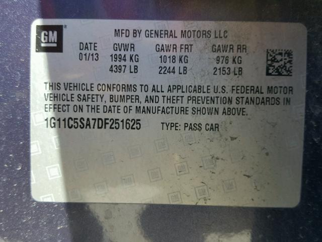 1G11C5SA7DF251625 - 2013 CHEVROLET MALIBU 1LT 蓝色 照片 10