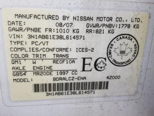 3N1AB61E38L614571 - 2008 NISSAN SENTRA 2.0 WHITE photo 10