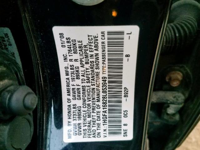 1HGFA16828L053949 - 2008 HONDA CIVIC BLACK photo 10