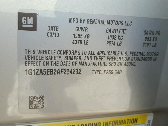 1G1ZA5EB2AF254232 - 2010 CHEVROLET MALIBU LS 金色 照片 10