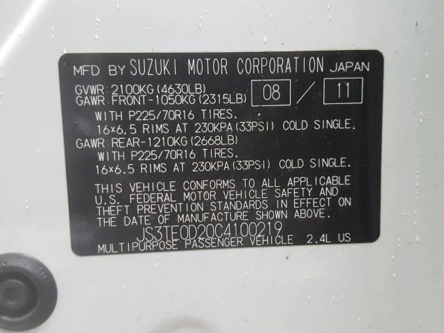 JS3TE0D20C4100219 - 2012 SUZUKI GRAND VITA WHITE photo 10