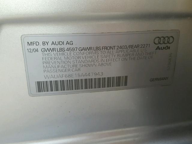 WAUAF68E15A447943 - 2005 AUDI A4 2.0T GRAY photo 10