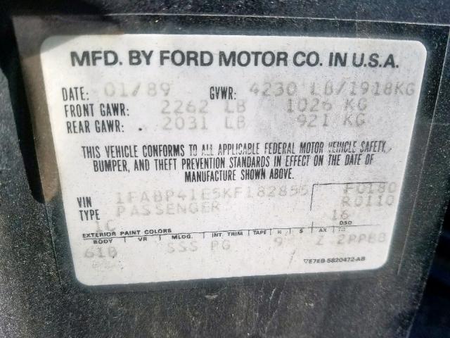 1FABP41E5KF182855 - 1989 FORD MUSTANG LX BLACK photo 10