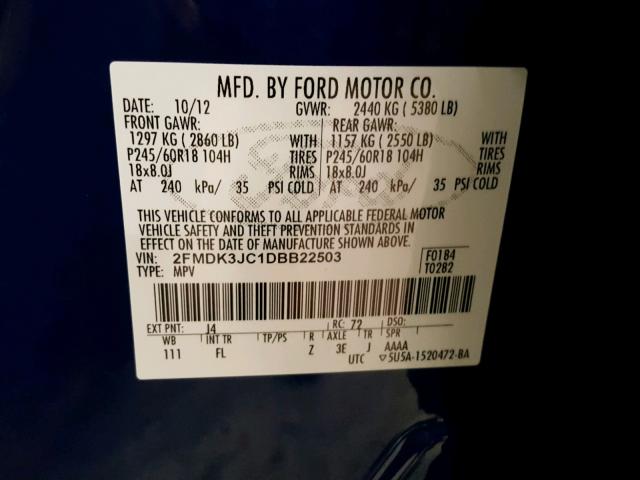 2FMDK3JC1DBB22503 - 2013 FORD EDGE SEL BLUE photo 10