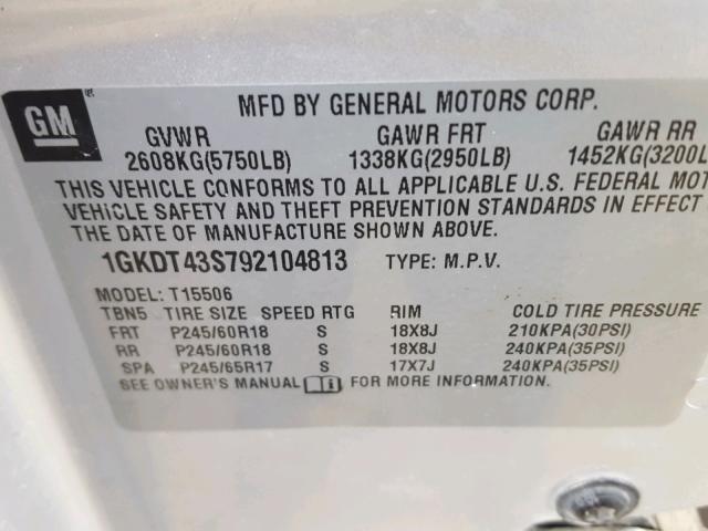 1GKDT43S792104813 - 2009 GMC ENVOY SLT SILVER photo 10