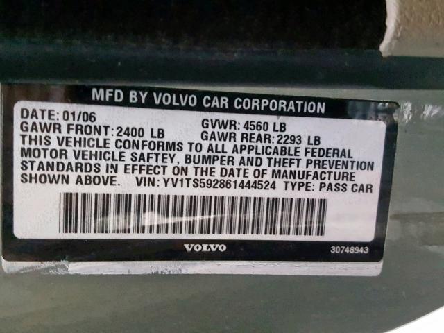 YV1TS592861444524 - 2006 VOLVO S80 2.5T GRAY photo 10