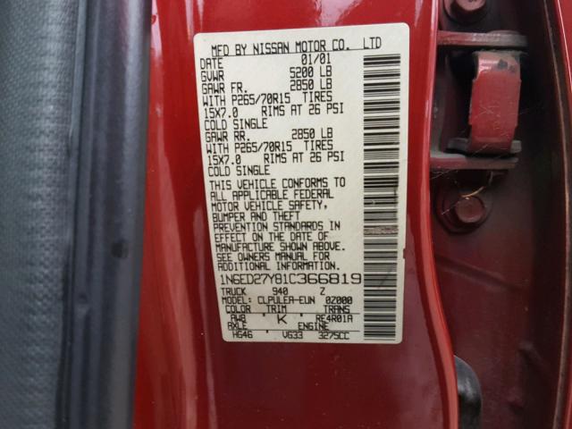 1N6ED27Y81C366819 - 2001 NISSAN FRONTIER C RED photo 10