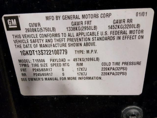 1GKDT13S722100779 - 2002 GMC ENVOY BLACK photo 10