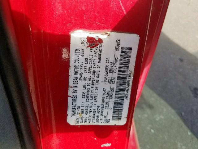 JNKCV64E48M119647 - 2008 INFINITI G37 BASE RED photo 10