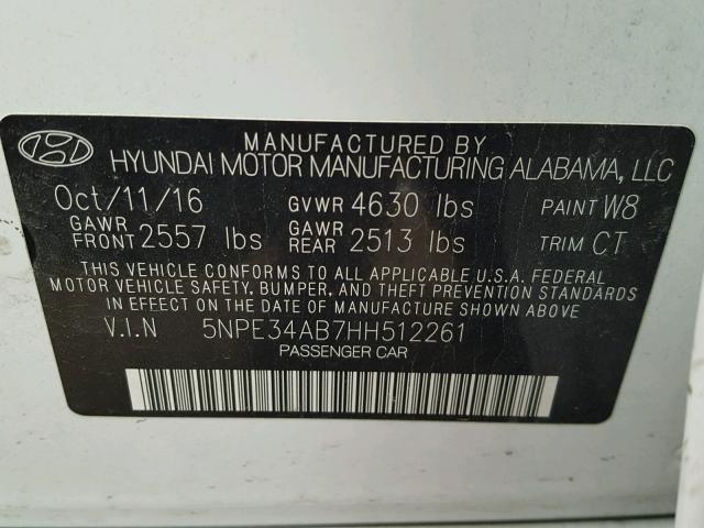 5NPE34AB7HH512261 - 2017 HYUNDAI SONATA SPO WHITE photo 10