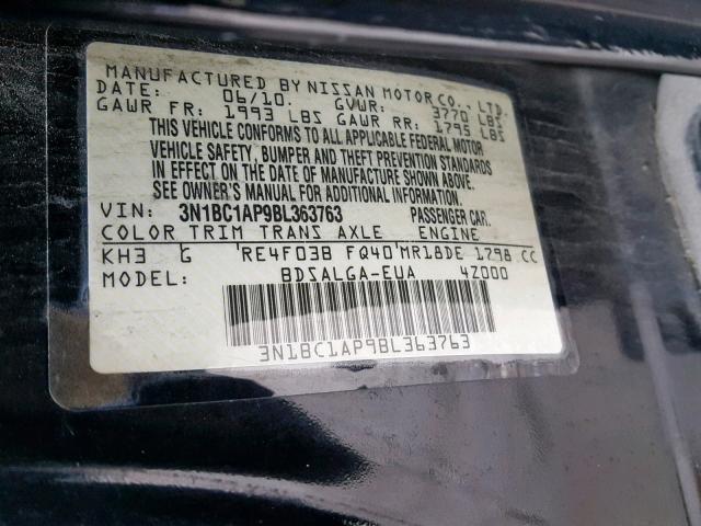 3N1BC1AP9BL363763 - 2011 NISSAN VERSA S BLACK photo 10