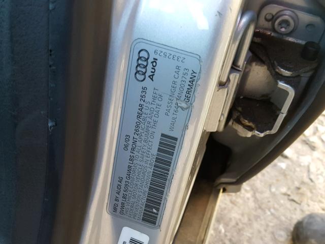 WAULT64B64N003753 - 2004 AUDI A6 3.0 QUA SILVER photo 10