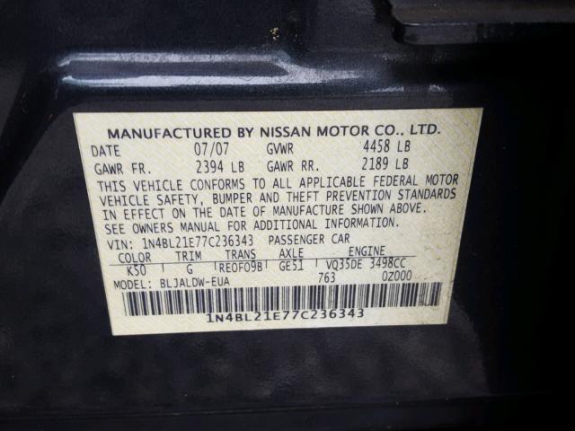 1N4BL21E77C236343 - 2007 NISSAN ALTIMA 3.5 GRAY photo 10