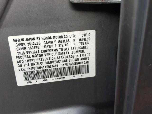 JHMGE8H41AS027489 - 2010 HONDA FIT SPORT GRAY photo 10