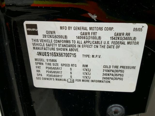 4NUES16SX66700715 - 2006 ISUZU ASCENDER S შავი ფოტო 10