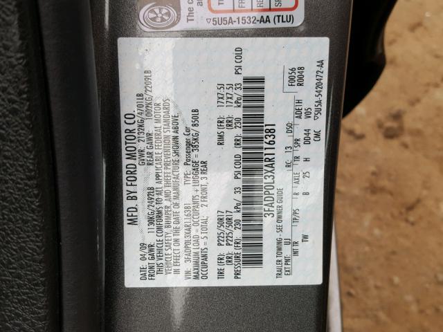 3FADP0L3XAR116381 - 2010 FORD FUSION HYB GRAY photo 10