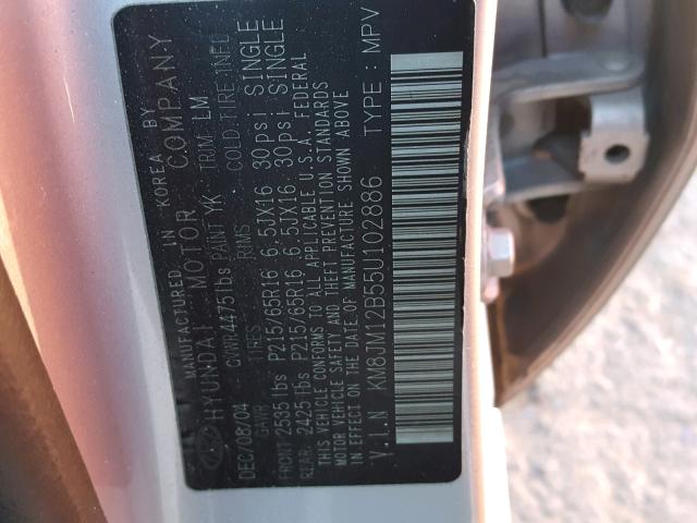 KM8JM12B55U102886 - 2005 HYUNDAI TUCSON GL SILVER photo 10