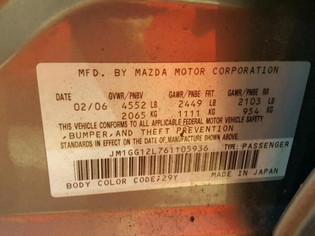 JM1GG12L761105936 - 2006 MAZDA SPEED 6 SILVER photo 10