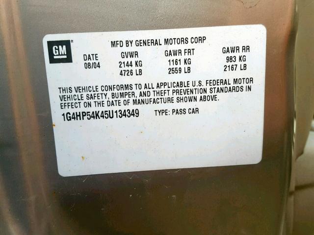 1G4HP54K45U134349 - 2005 BUICK LESABRE CU GOLD photo 10