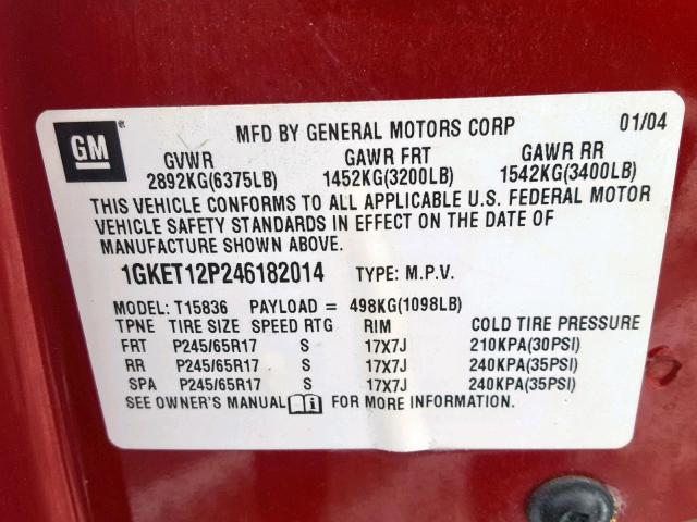 1GKET12P246182014 - 2004 GMC ENVOY XUV RED photo 10